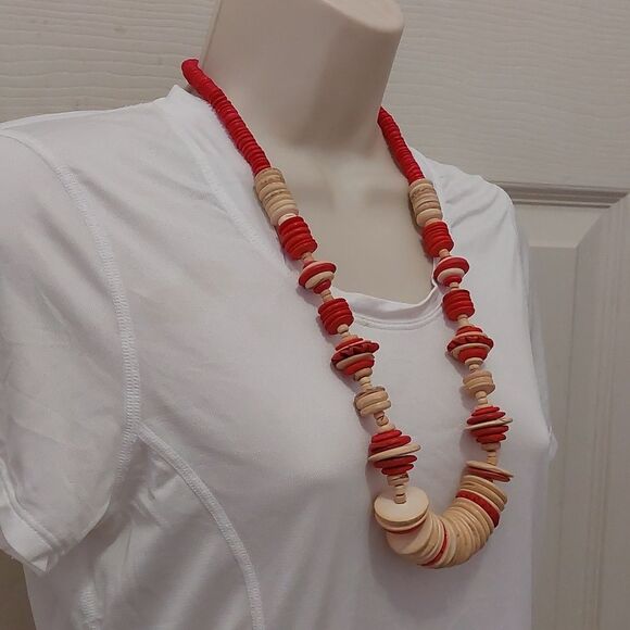 Vintage Graduated Beads Statement Necklace Red Tan Boho - Picture 3 of 5